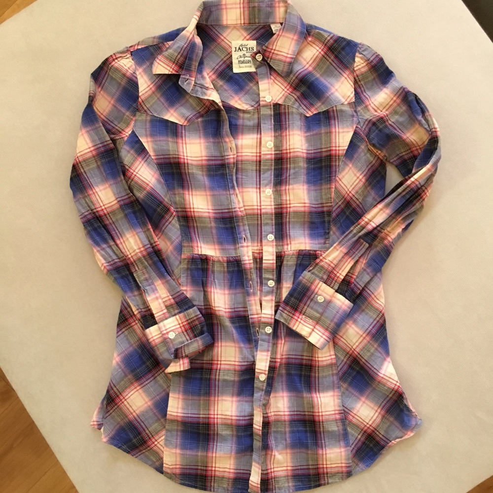 ✨ JACHS button down long pinched waist plaid shirt